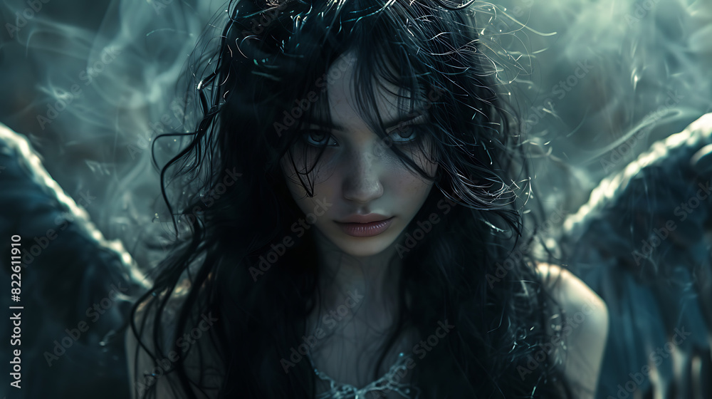 An angelic figure with ebony wings and hair, emanating an enigmatic aura amidst darkness, symbolizing beauty and mystery An angelic figure with ebony wings and hair, emanating an enigmatic aura amidst darkness, symbolizing beauty and mystery
