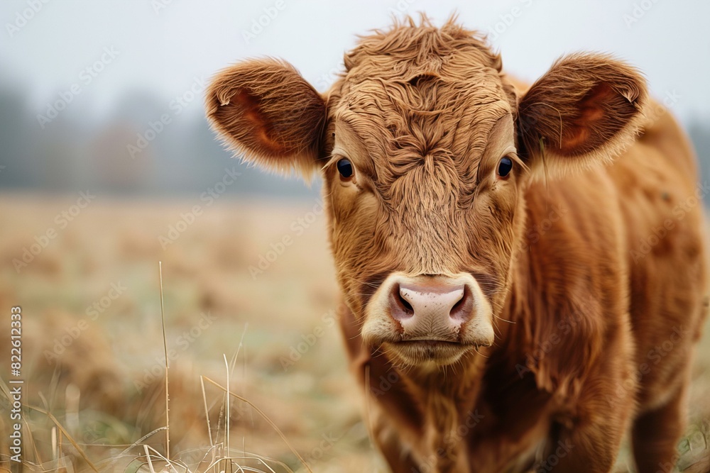 Brown cow standing field sky background Brown cow standing field sky background