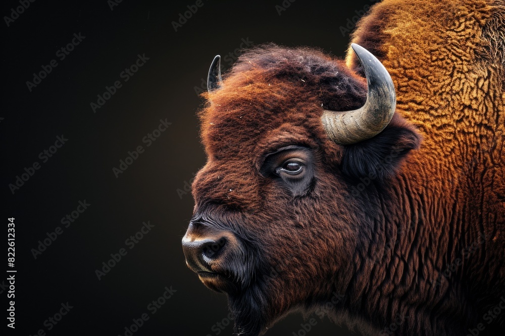 Mystic portrait of American Bison, copy space on right side, Anger, Menacing, Headshot, Close-up View Isolated on black background Mystic portrait of American Bison, copy space on right side, Anger, Menacing, Headshot, Close-up View Isolated on black background