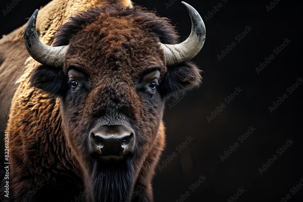 Mystic portrait of American Bison, copy space on right side, Anger, Menacing, Headshot, Close-up View Isolated on black background Mystic portrait of American Bison, copy space on right side, Anger, Menacing, Headshot, Close-up View Isolated on black background