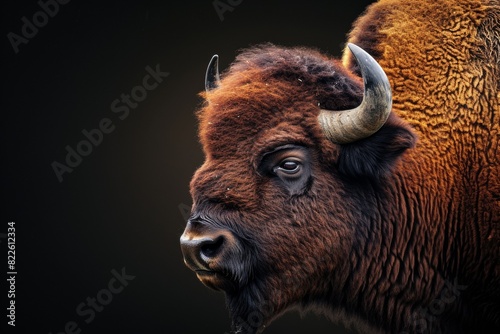 Mystic portrait of American Bison, copy space on right side, Anger, Menacing, Headshot, Close-up View Isolated on black background