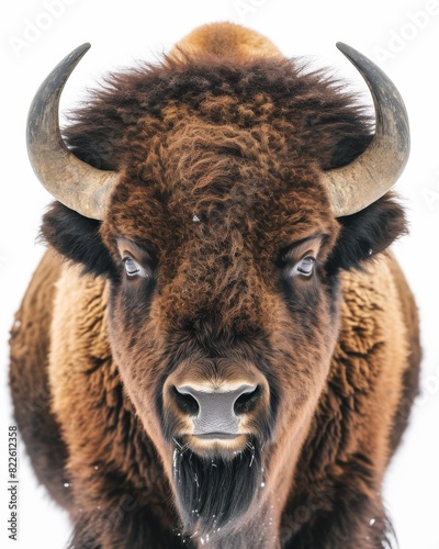 Mystic portrait of American Bison, copy space on right side, Anger, Menacing, Headshot, Close-up View Isolated on white background