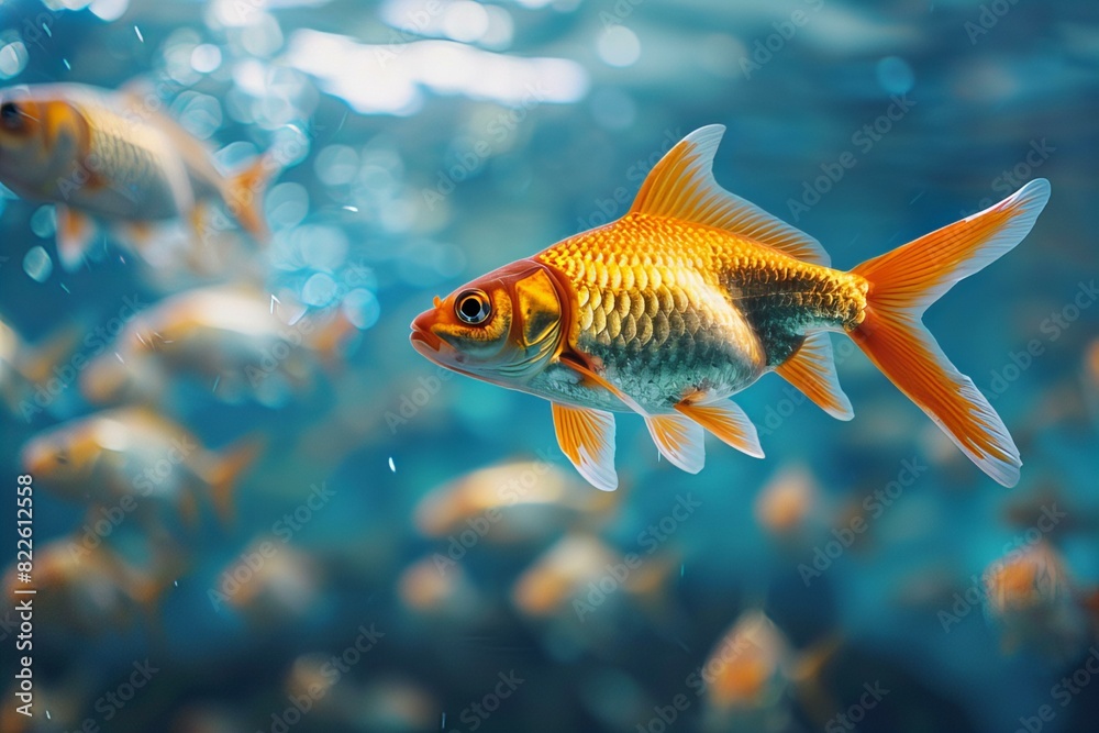 Goldfish swim in large blue aquarium Goldfish swim in large blue aquarium