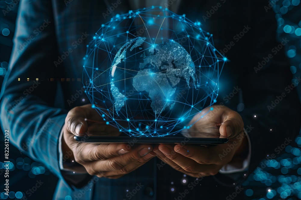 Person holding phone with globe Person holding phone with globe