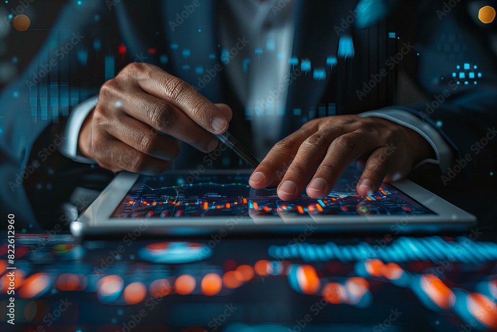 Person using tablet with graph Person using tablet with graph