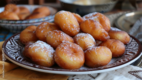 Freshly fried donuts with powdered sugar on a decorative plate, placed on a rustic kitchen table