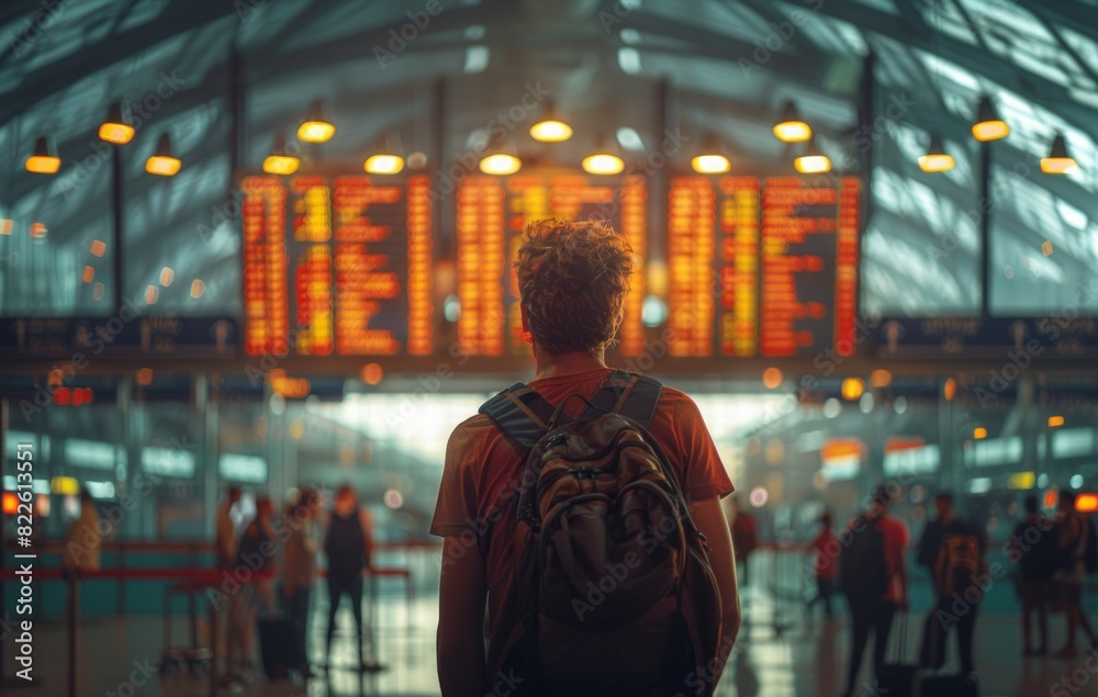 a man with a backpack is checking the train departures in a big hallway. Travel concept a man with a backpack is checking the train departures in a big hallway. Travel concept