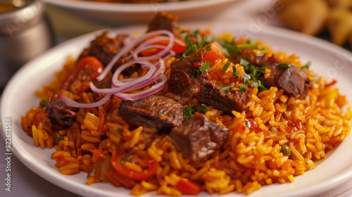 Close-up of a flavorful beef jollof rice dish garnished with fresh red onions and tomatoes, served on a white plate