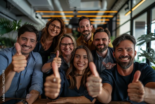 Group of friends at table with thumbs up