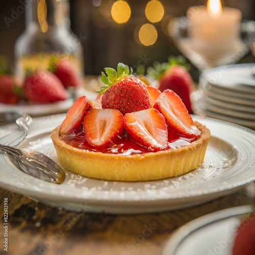 délicieuse tarte à la fraise, parfaitement réalisée et servie dans un restaurant  photo