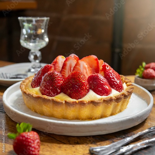 délicieuse tarte à la fraise, parfaitement réalisée et servie dans un restaurant  photo