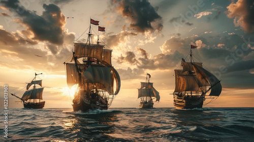 3 ships 16th century sailing through the ocean photo