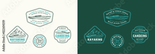 Kayaking Vector Frame Signs, Labels Logo Templates Collection. Hand Drawn Kayak Canoe Boat and Mountains Landscape Sketch with Typography. Water Sports Vintage Emblems Bundle Isolated