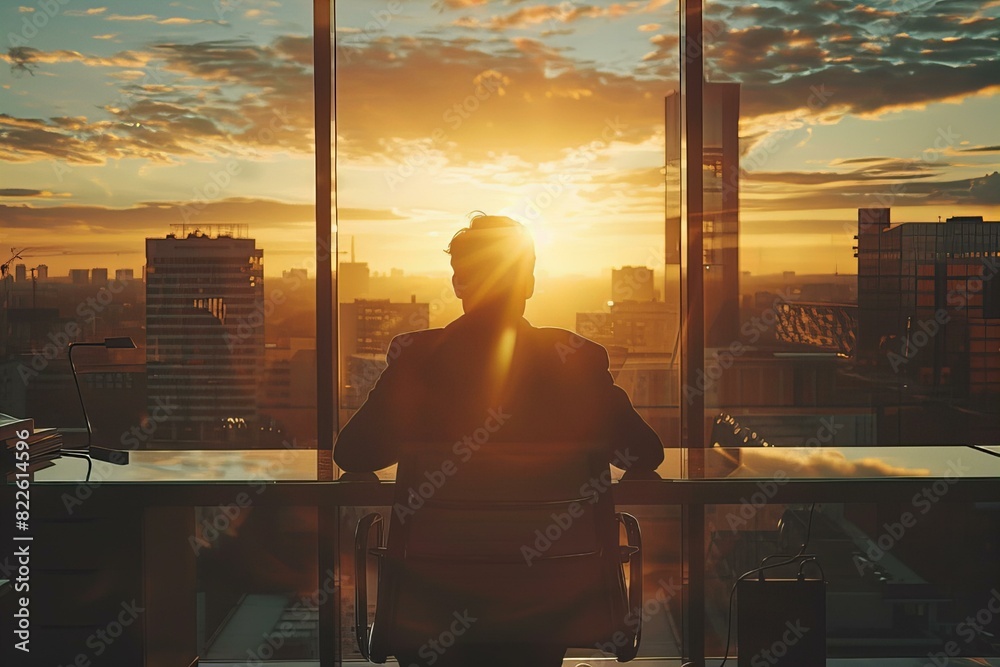 Man looking outside window sitting desk Man looking outside window sitting desk