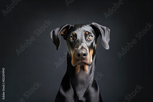 doberman in studio setting against black backdrop, showcasing their playful and charming personalities in professional photoshoot. © Людмила Мазур
