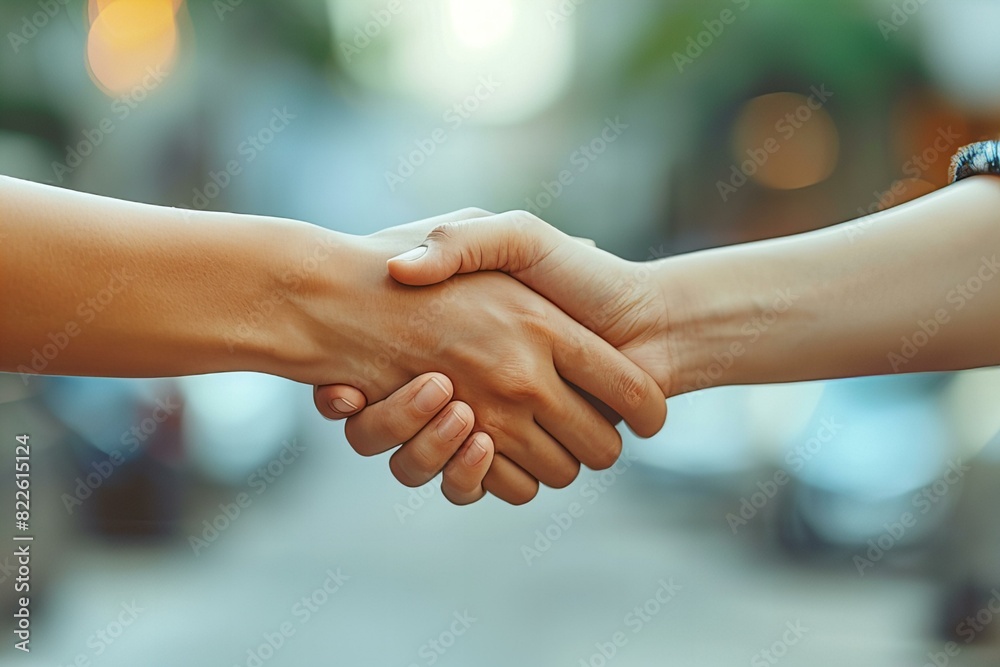 Two individuals handshaking urban setting