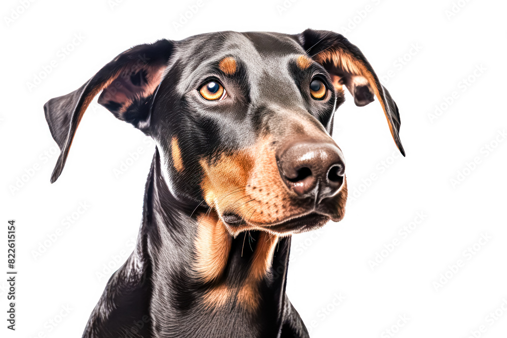 doberman in studio setting against white backdrop, showcasing their playful and charming personalities in professional photoshoot.