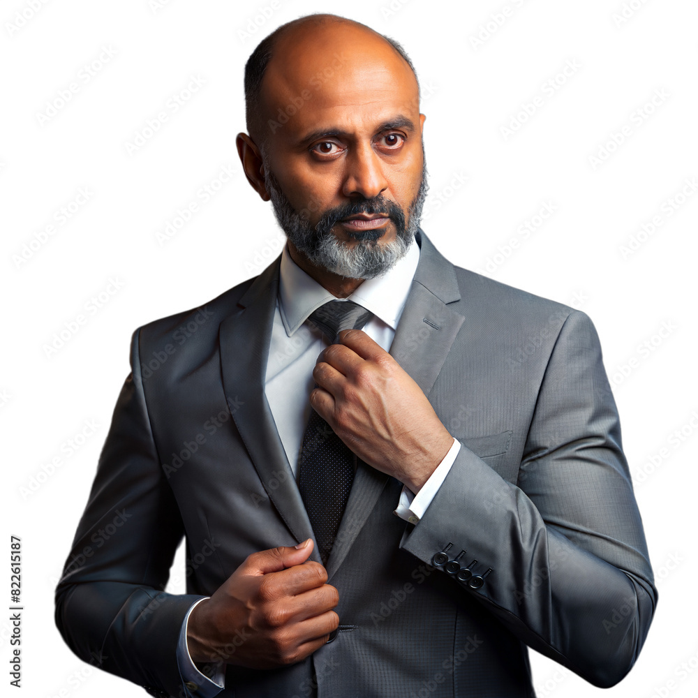 Businessman Adjusting Tie in Gray Suit With Transparent Background Businessman Adjusting Tie in Gray Suit With Transparent Background
