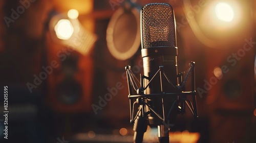 Close-up of microphone and control panel on the background of a professional recording studio. Microphone stand with a condenser for records vocals, speakers and sound of musical instrument photo