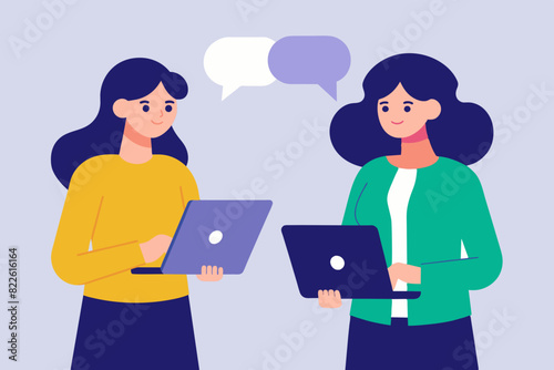 Two women standing side by side, engaged in conversation while using laptops, two women chatting using mobile phones and laptops, Simple and minimalist flat Illustration