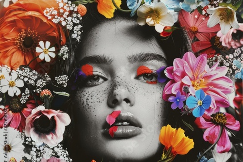 portrait of a woman with flowers, collage of black and white monochrome photo and vibrant blooms and makeup