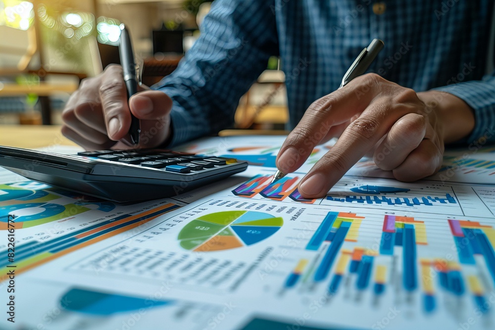 Person working at desk with calculator and pen Person working at desk with calculator and pen