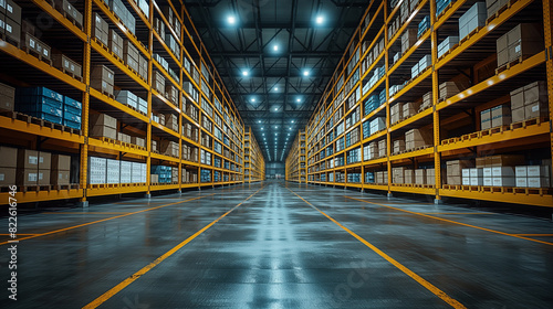 Modern warehouse with high racking system for goods and boxes on shelves in large factory or storage center