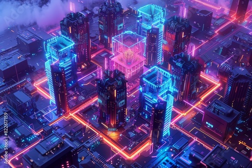 neon purple blue data visualization, microchip circuit and cybersecurity. Tech business process. 