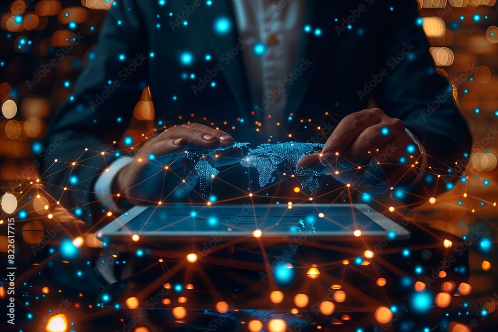 Person holding tablet showing world map