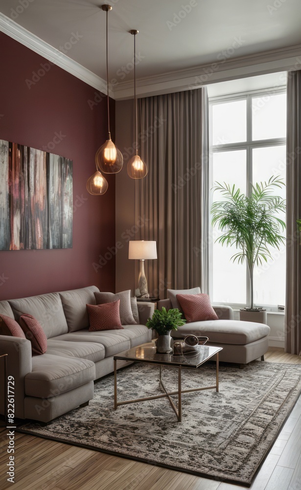 Fototapeta premium gray and marble luxury living room interior with sleek furniture and a vertical garden