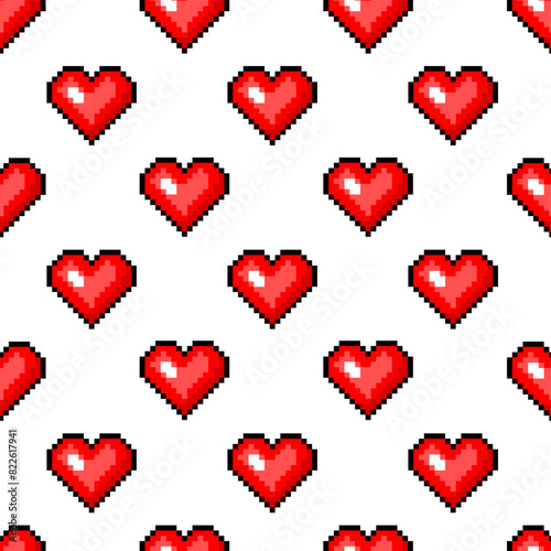  Pixel art 8 bit fire objects. Heart in vintage style. Seamless pattern. Game icons set. Hand drawn engraved retro illustration.