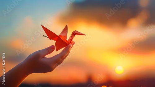 child hands holding origami bird sunset sky backdrop freedom concept soft lighting digital illustration photo