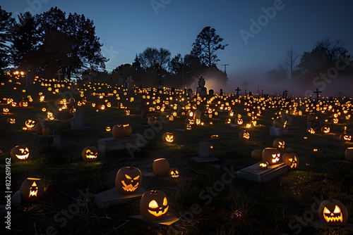 Eerie Field of Carved Pumpkins with Glowing Faces at Night