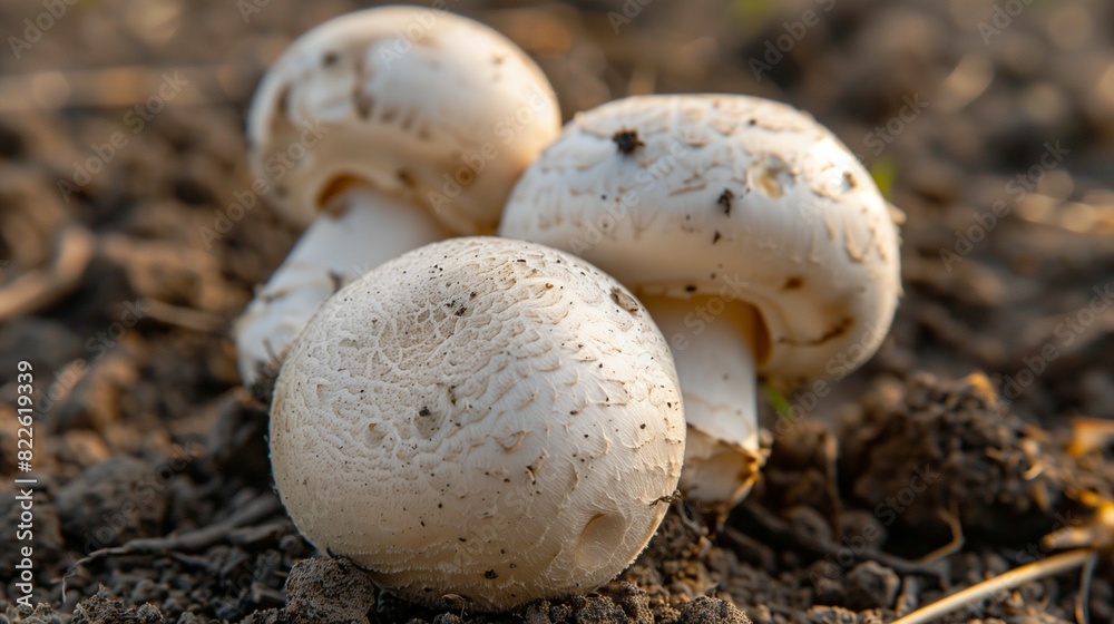 Closeup photograph of button mushrooms in the ground Closeup photograph of button mushrooms in the ground