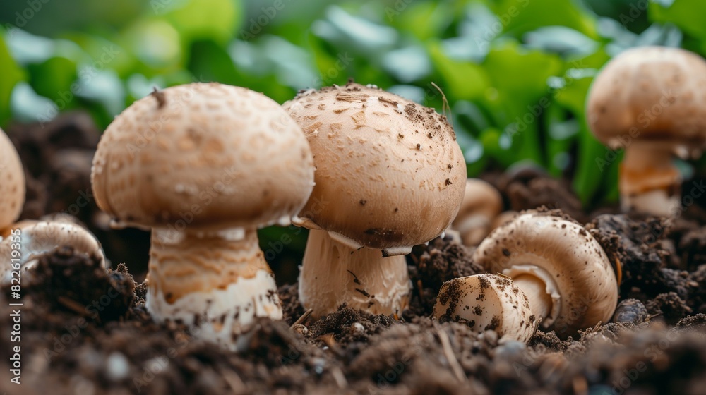Closeup photograph of button mushrooms in the ground Closeup photograph of button mushrooms in the ground