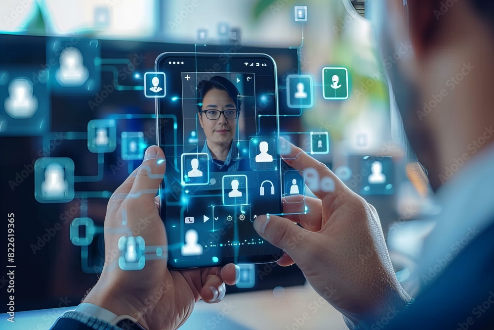 Man holding smartphone with person and icons on screen Man holding smartphone with person and icons on screen