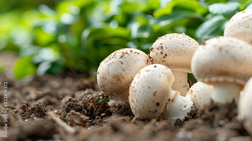 Closeup photograph of button mushrooms in the ground Closeup photograph of button mushrooms in the ground