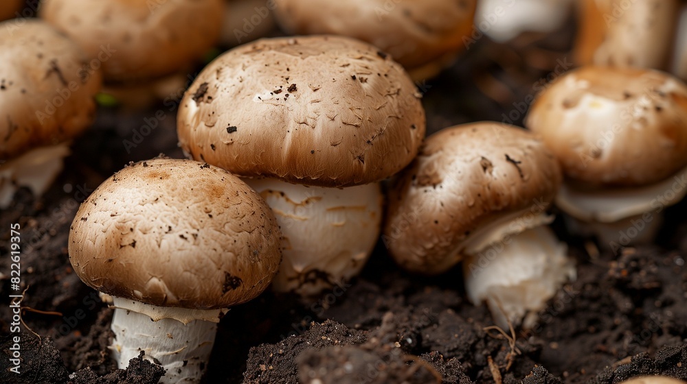 Closeup photograph of button mushrooms in the ground Closeup photograph of button mushrooms in the ground