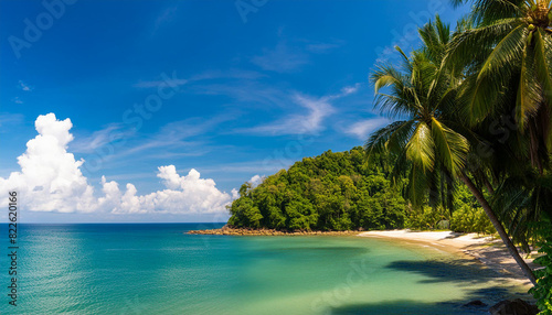 Beautiful tropical beach sea ocean with coconut and other tree around white cloud on blue sky