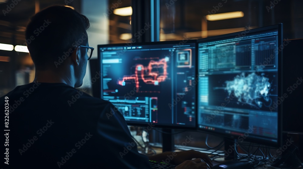 A man is sitting in front of two computer monitors A man is sitting in front of two computer monitors