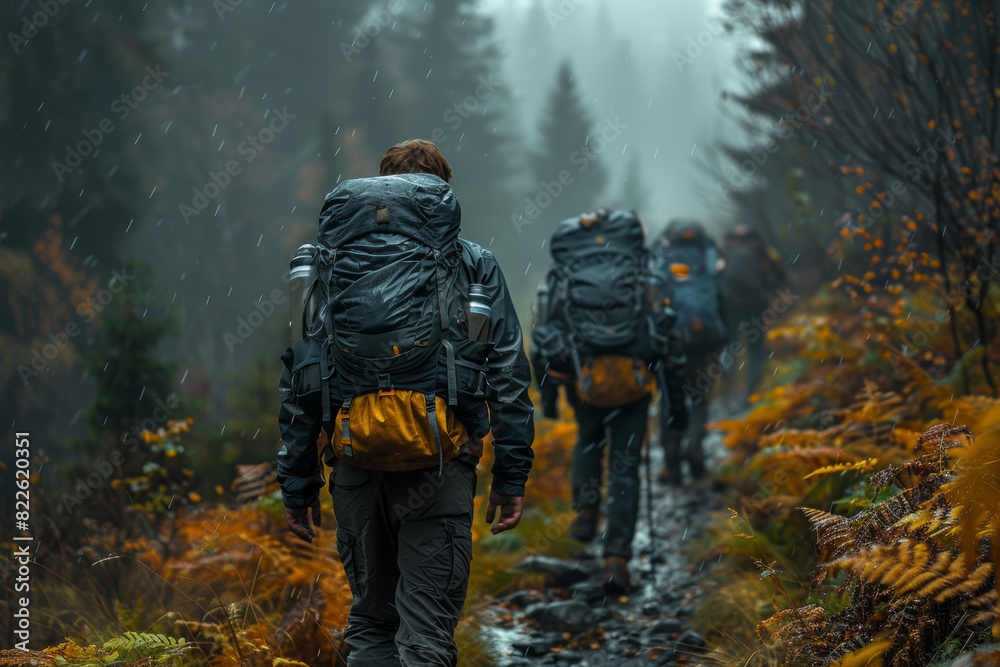 A group of hikers trekking through a dense forest, forging bonds and creating memories in the great outdoors. Concept of outdoor recreation and exploration. Generative Ai. A group of hikers trekking through a dense forest, forging bonds and creating memories in the great outdoors. Concept of outdoor recreation and exploration. Generative Ai.