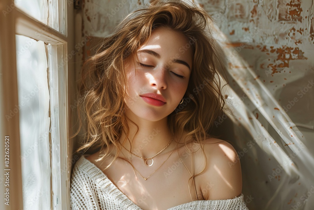 Fototapeta premium Woman with long hair leaning against a window