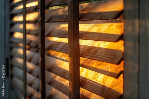 Sunlight streams through wooden blinds  casting warm  golden beams and creating intricate patterns of light and shadow on the interior surfaces. 