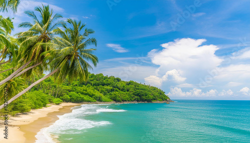 Beautiful tropical beach sea ocean with coconut and other tree around white cloud on blue sky © Artbi