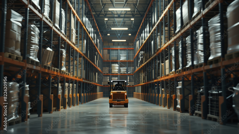 Forklift doing storage in warehouse. Generative AI.