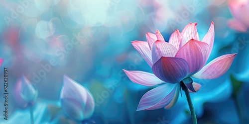 Lotus Blossom. Pink Lotus Flower in Dreamy Blue Abstract Nature Background