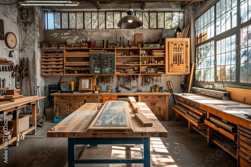 Tools scattered on large table in busy workshop