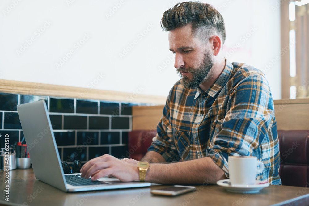 Coffee shop, laptop and business man online for remote work, typing email and networking. Freelancer, restaurant and person working on computer in cafe for internet, research project and proposal Coffee shop, laptop and business man online for remote work, typing email and networking. Freelancer, restaurant and person working on computer in cafe for internet, research project and proposal