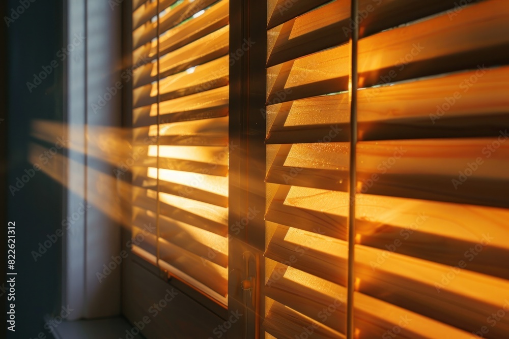 Sunlight streams through wooden blinds, casting warm, golden beams and creating intricate patterns of light and shadow on the interior surfaces. Sunlight streams through wooden blinds, casting warm, golden beams and creating intricate patterns of light and shadow on the interior surfaces.