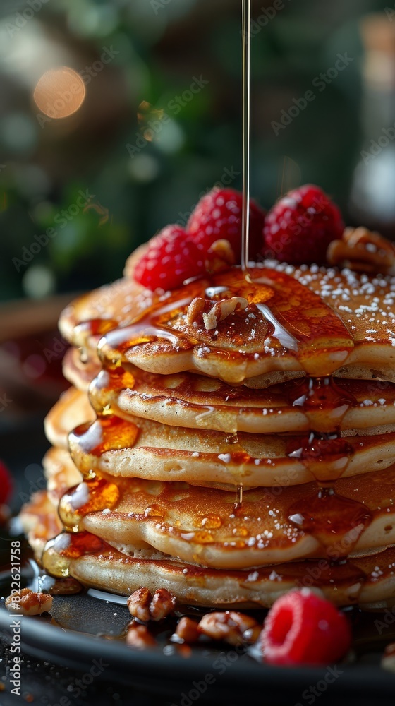 humongous stack of pancakes stretching across the full length of the image 10 feet high, dripping with gooey maple syrup